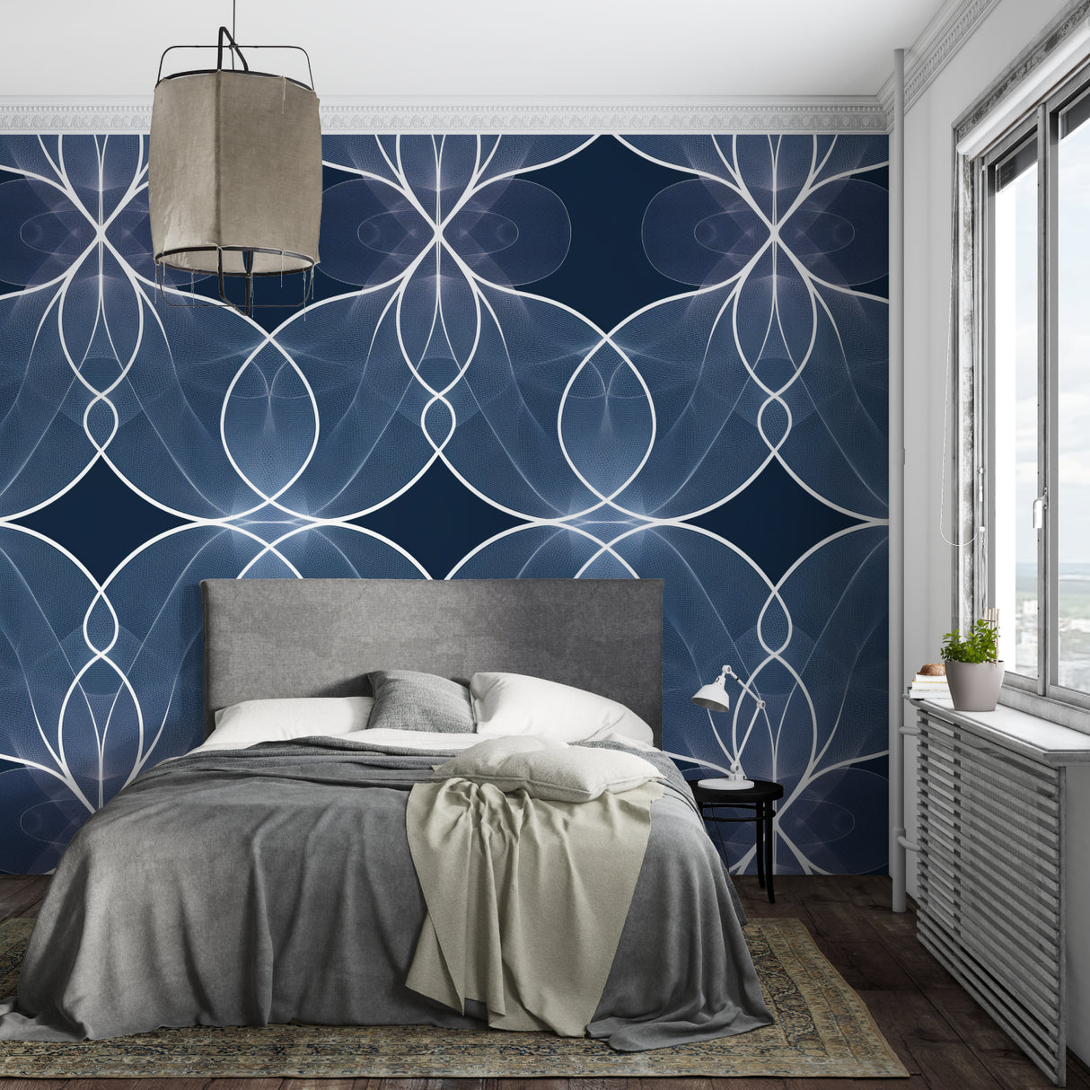 Blue line art pattern brightening up a contemporary home office space