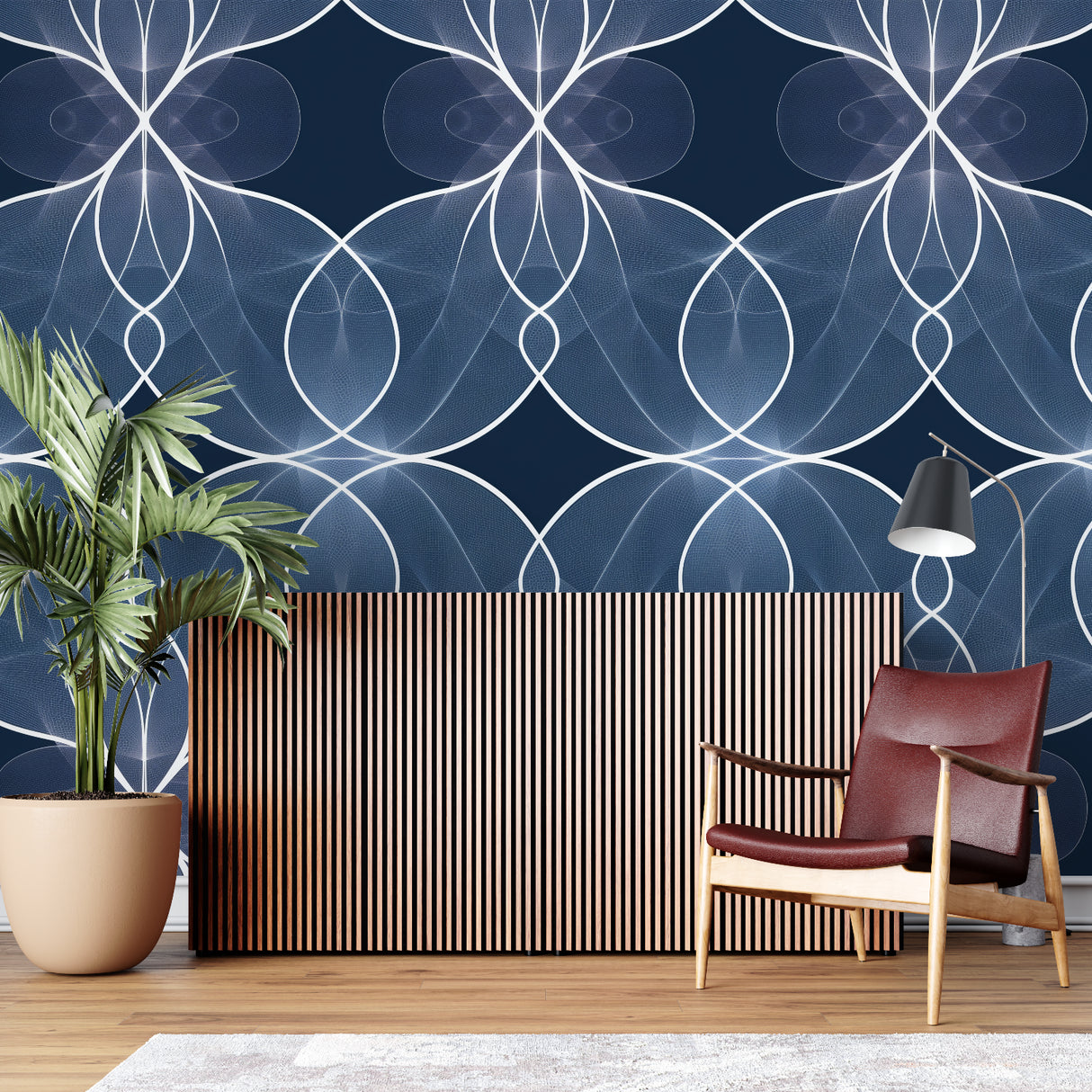 Abstract line pattern mural in a sleek dining room setting
