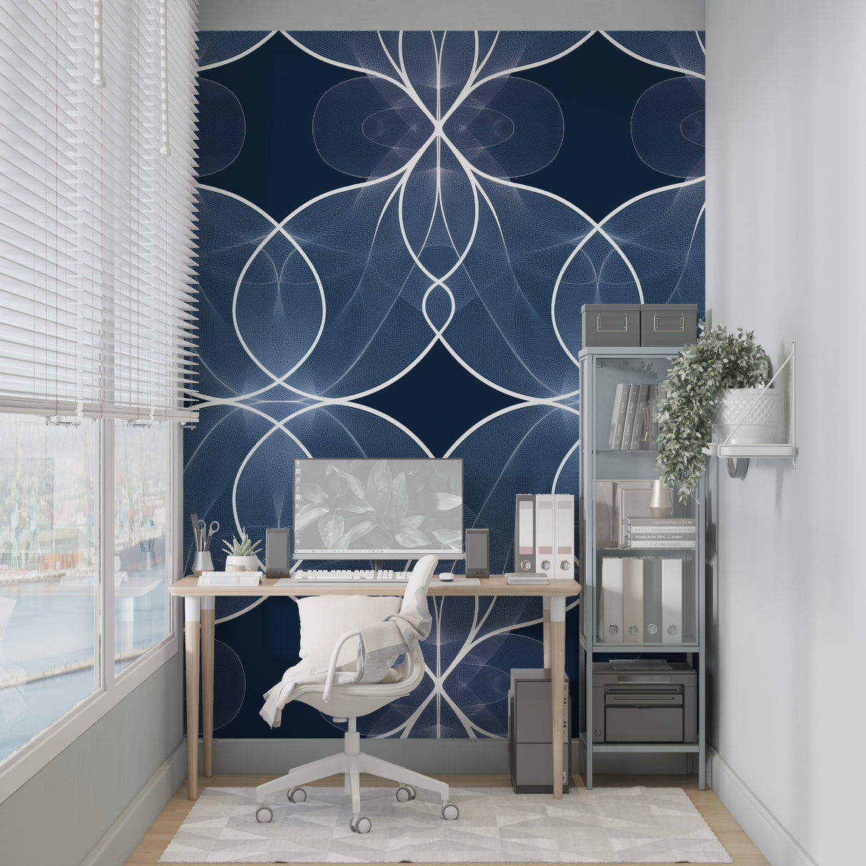 Blue geometric wallpaper creating flow in an entrance hallway