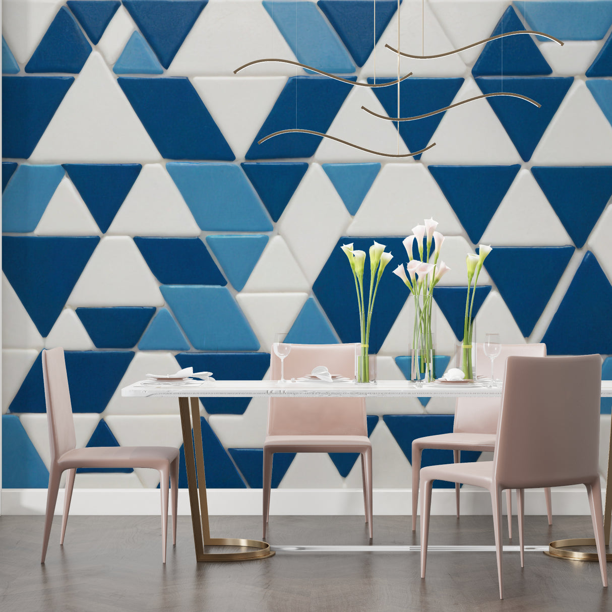Blue triangle wallpaper mural in contemporary home office creating focused workspace