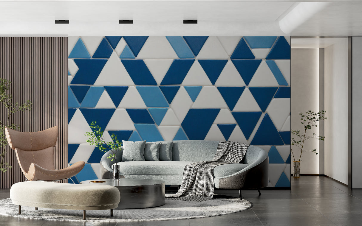 Geometric blue wall mural adding modern touch to dining room feature wall