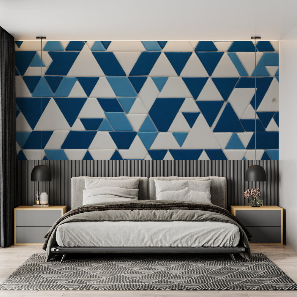 Modern triangle pattern wallpaper brightening hotel lobby with clean geometric design