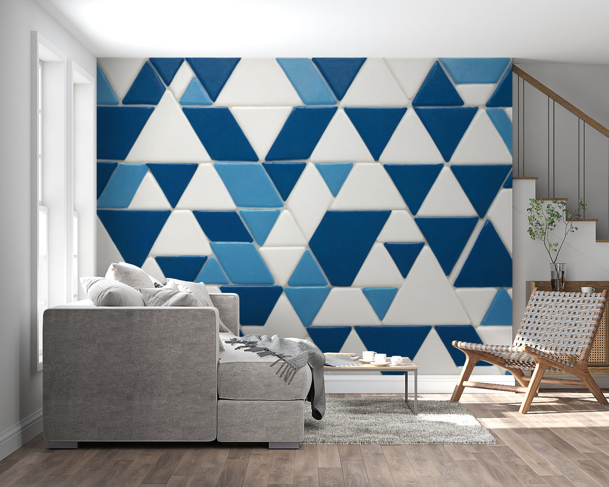Blue geometric wallpaper creating statement wall in modern bedroom setting