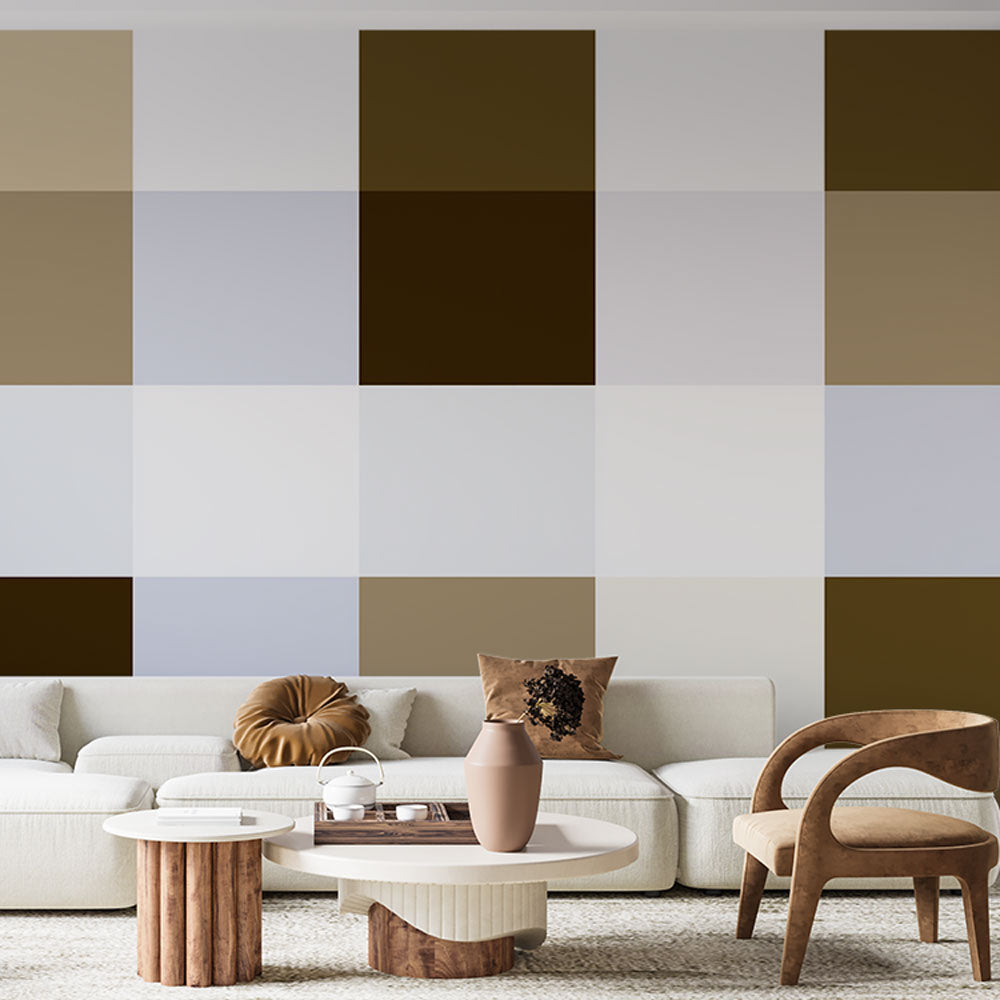 Modern brown geometric wallpaper in a bright living room showing clean lines and balanced checkered pattern