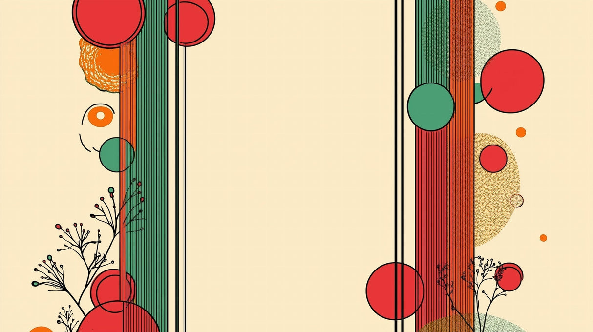 Modern geometric wallpaper with circles and lines shown in a bright living room setting with contemporary furniture