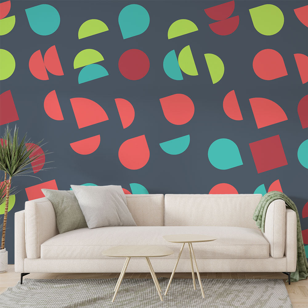 Modern geometric wallpaper with colorful circles and shapes bringing life to a bright, contemporary living room setting
