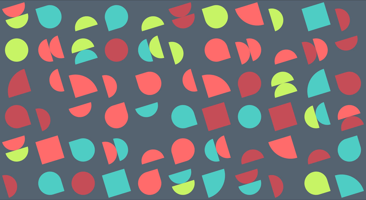 Geometric pattern design file showing vibrant coral, turquoise and lime shapes on charcoal background