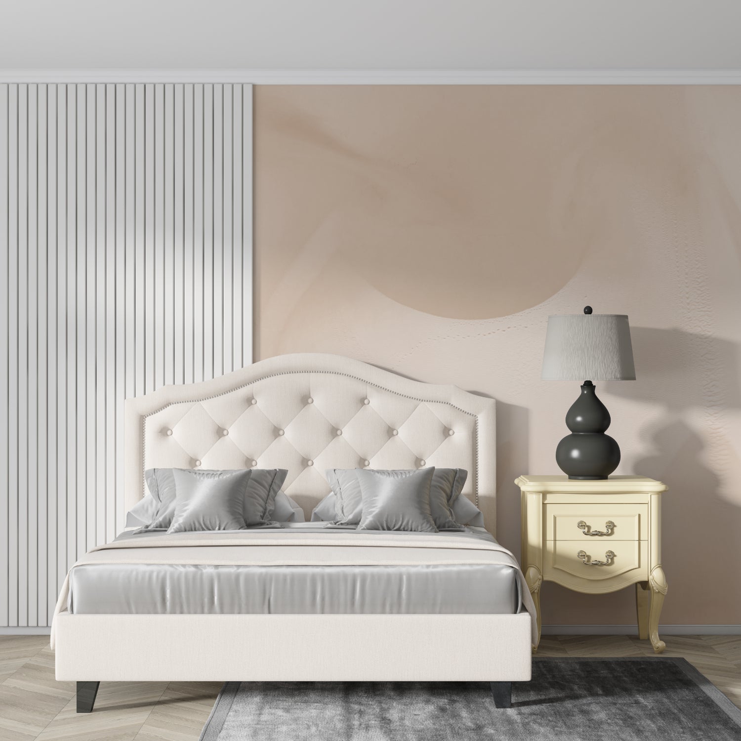 White circular pattern wallpaper in contemporary bedroom setting