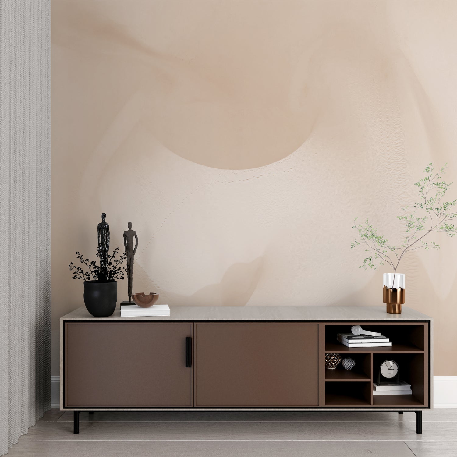 Geometric wall mural featuring white circles in modern home office