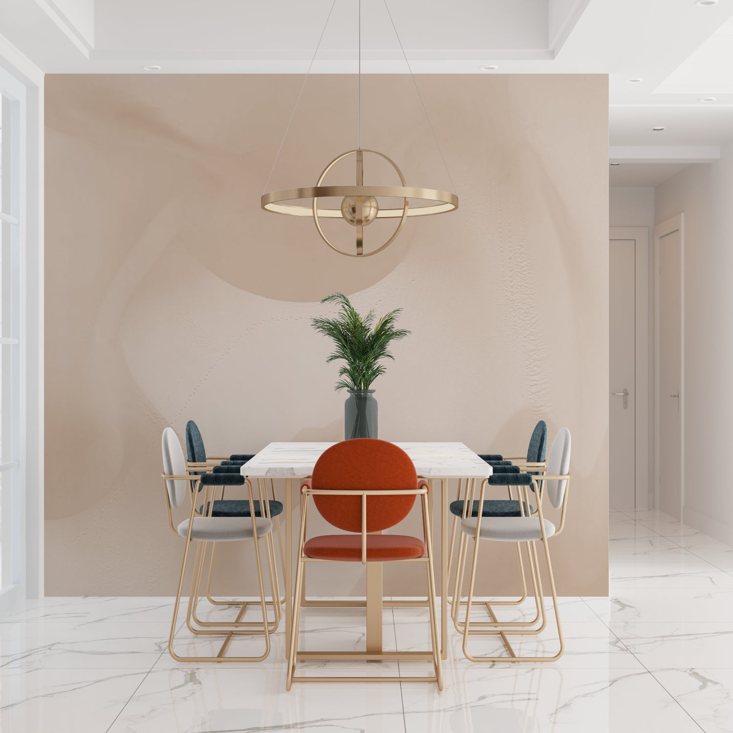 Modern white geometric wallpaper in stylish dining room