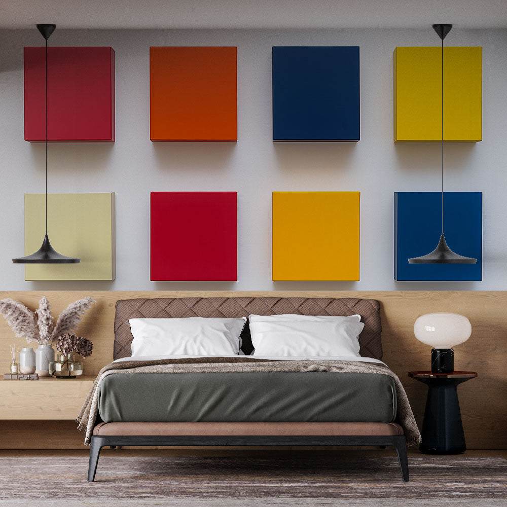 Modern geometric wallpaper with colorful squares brightening a minimalist living room with modern furniture