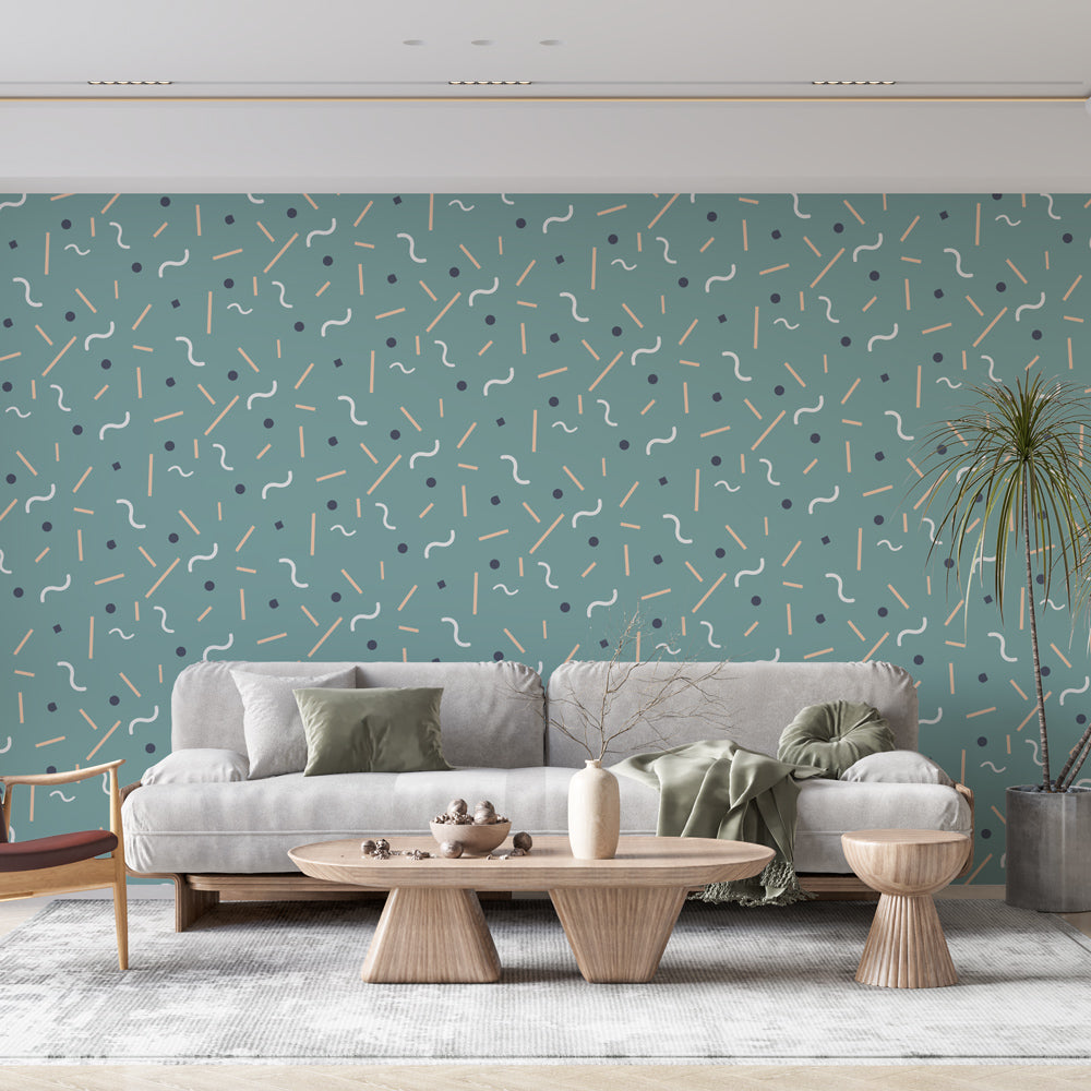 Modern geometric wallpaper with confetti pattern bringing fresh energy to a minimalist home office space
