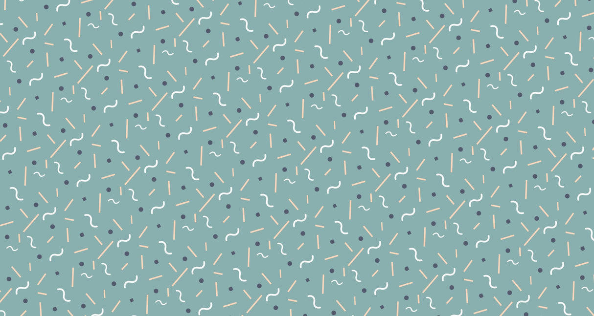Geometric pattern wallpaper design file featuring playful shapes on sage green background