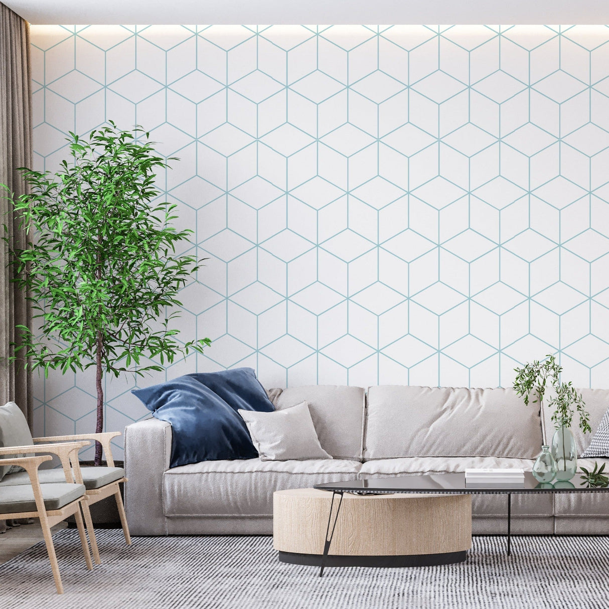 Modern cube pattern wallpaper in a bright office space, showing 3D geometric design in soft blue