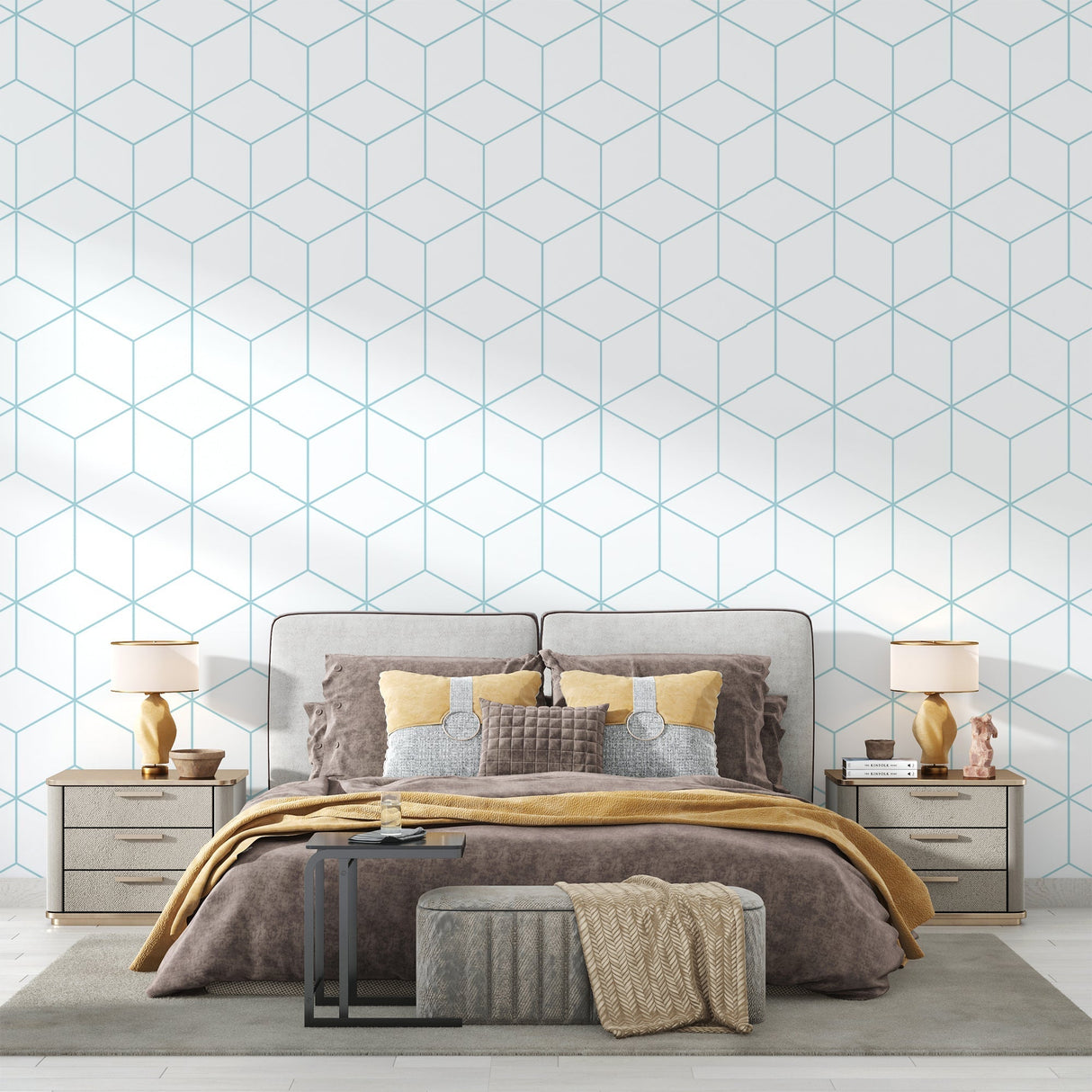 Geometric blue cube wallpaper creating depth in a minimalist living room setting