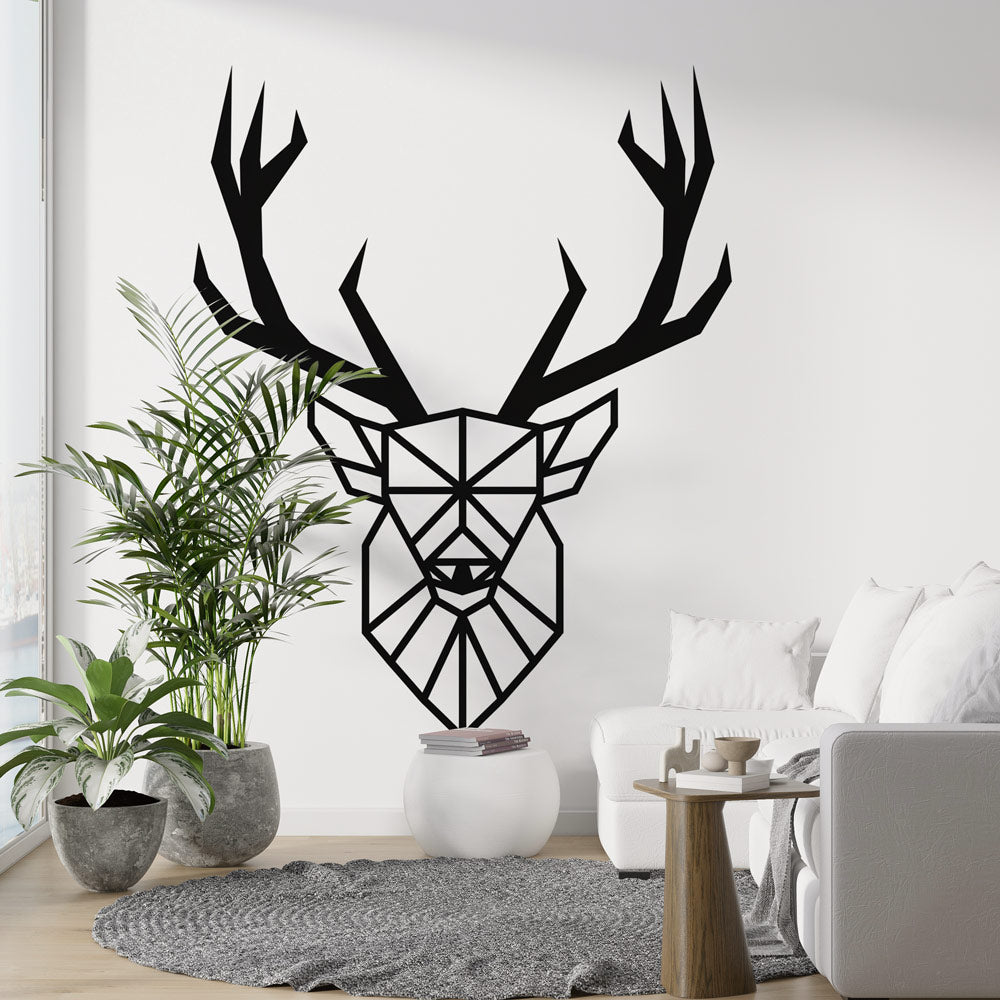 Modern geometric deer line art wallpaper showcased in a minimalist Scandinavian living room with clean furniture