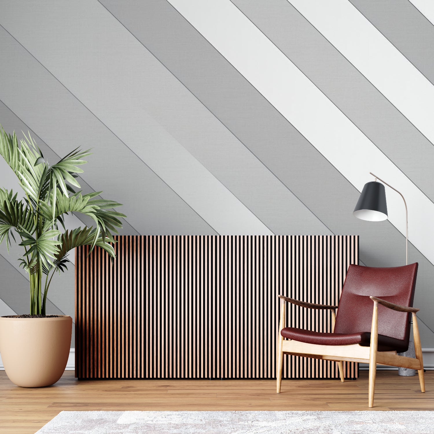 Geometric wallpaper installation in hallway showing full wall coverage