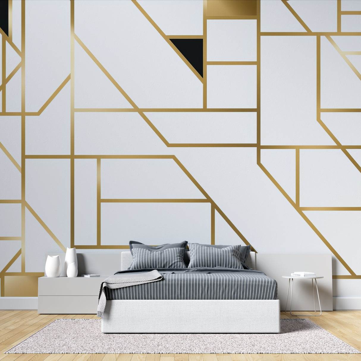 Gold and white geometric wall mural in minimalist dining room setting