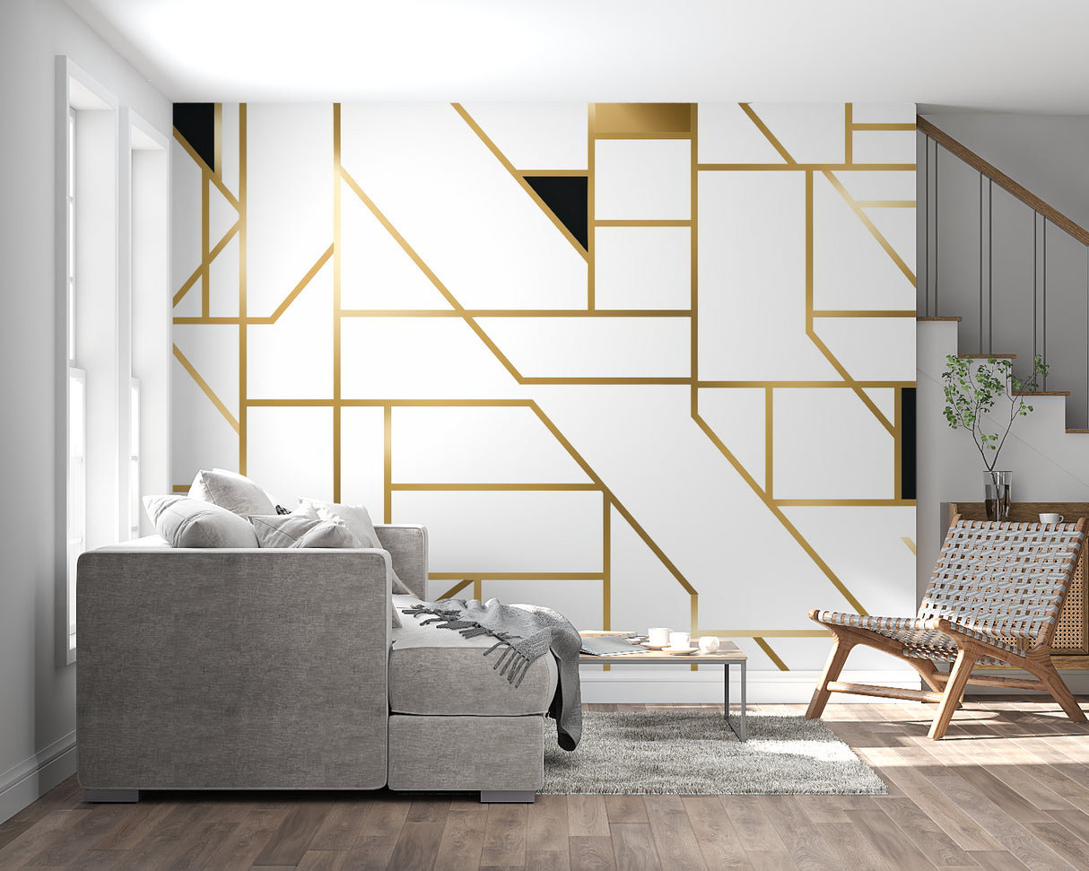 Contemporary home office featuring geometric gold wallpaper design