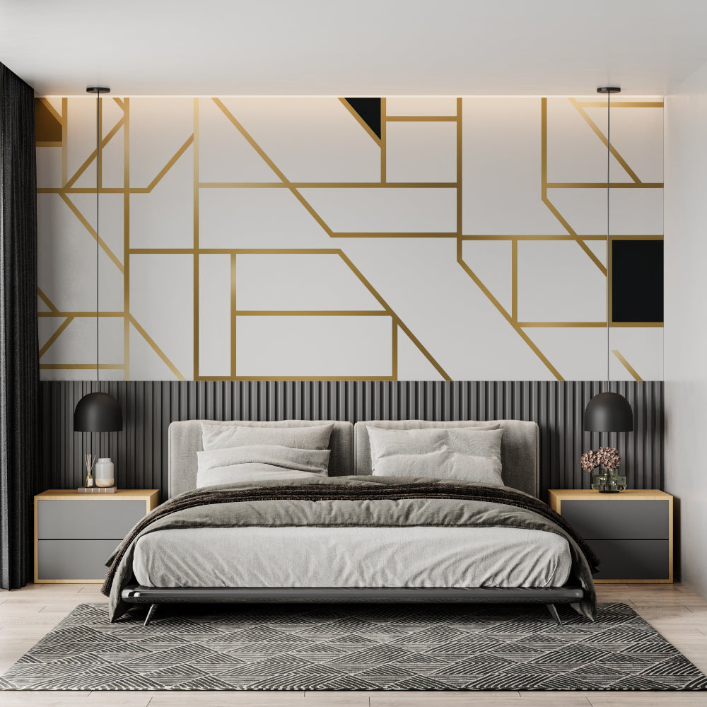 Modern bedroom with geometric gold and white wall mural