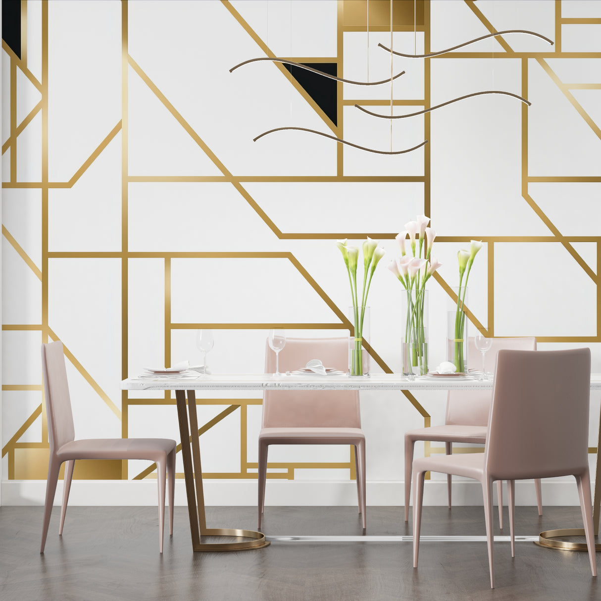 Hallway showcase of modern geometric wallpaper in gold and white