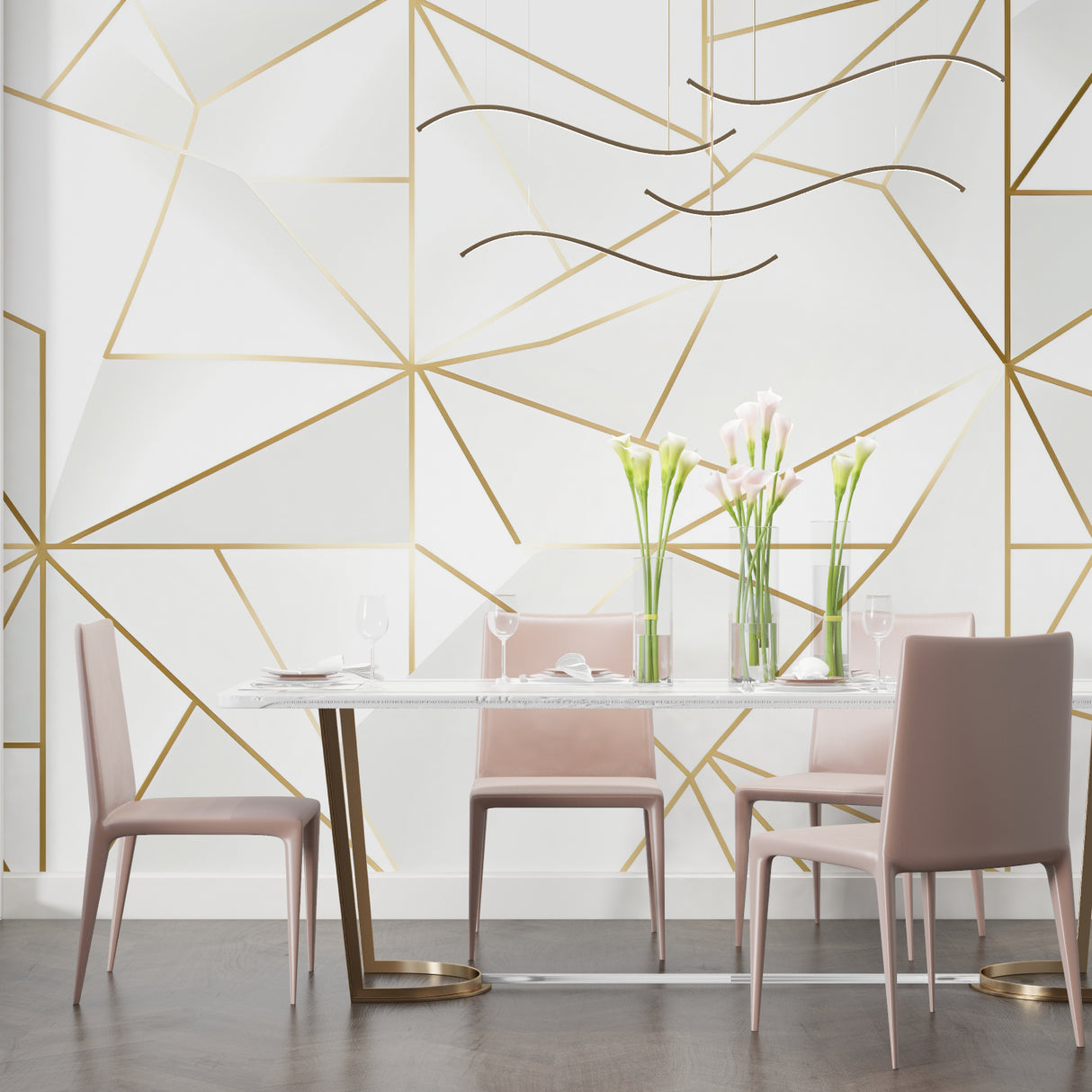 Gold geometric wallpaper in modern living room showing clean lines and metallic accents