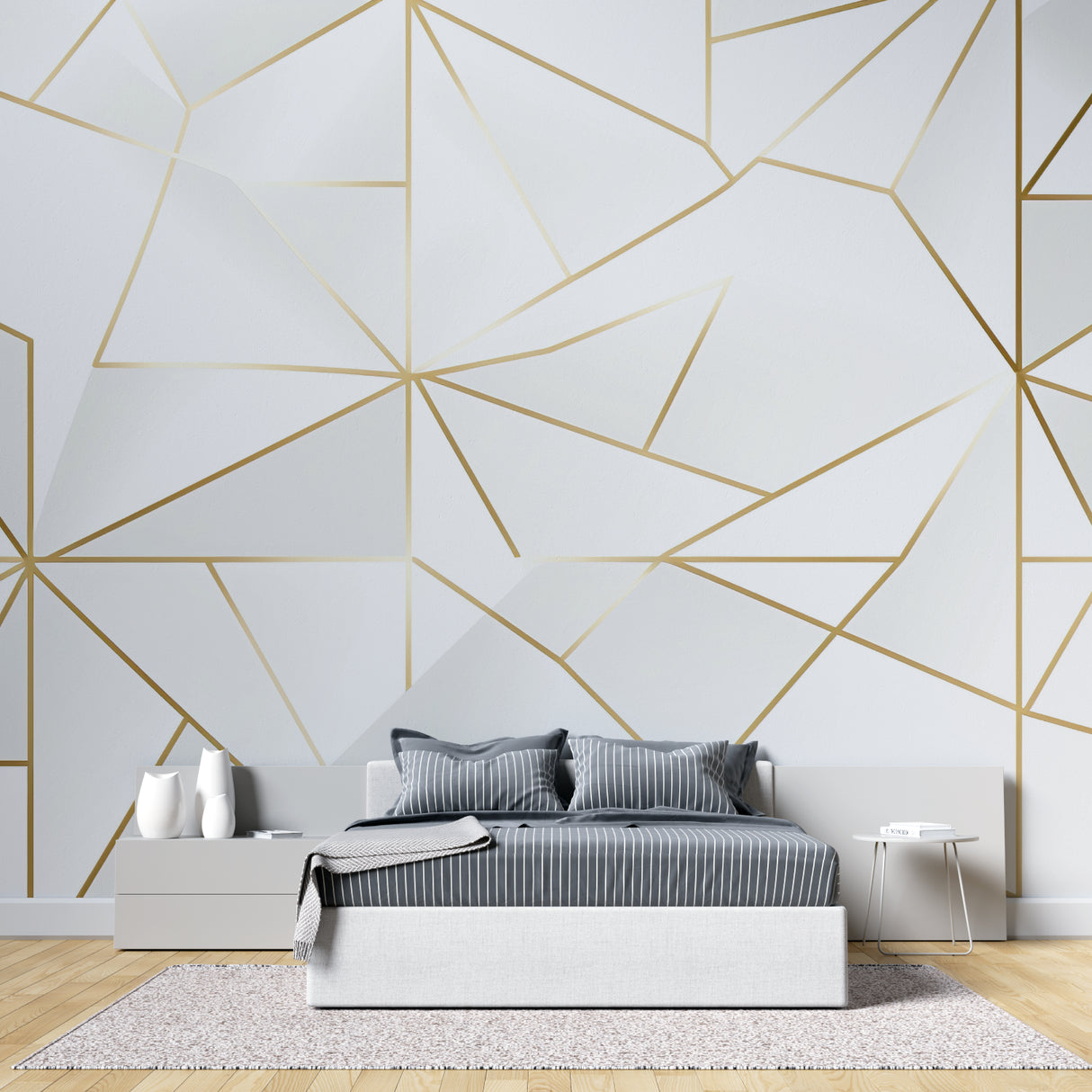 Home office featuring modern geometric gold wallpaper with striking angular design