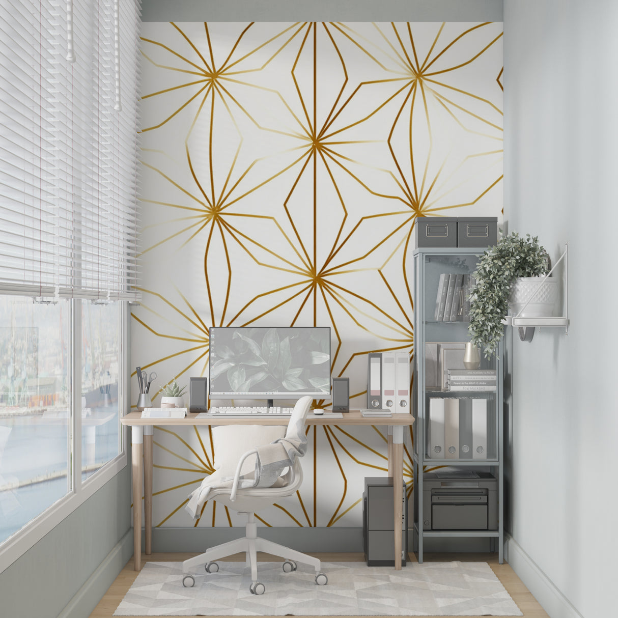 White and gold geometric wallpaper creating depth in minimalist dining room