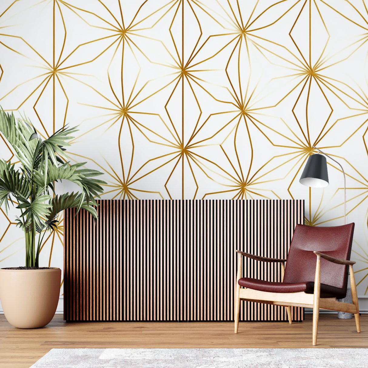 Gold star pattern wallpaper in modern home office space showing scale and detail