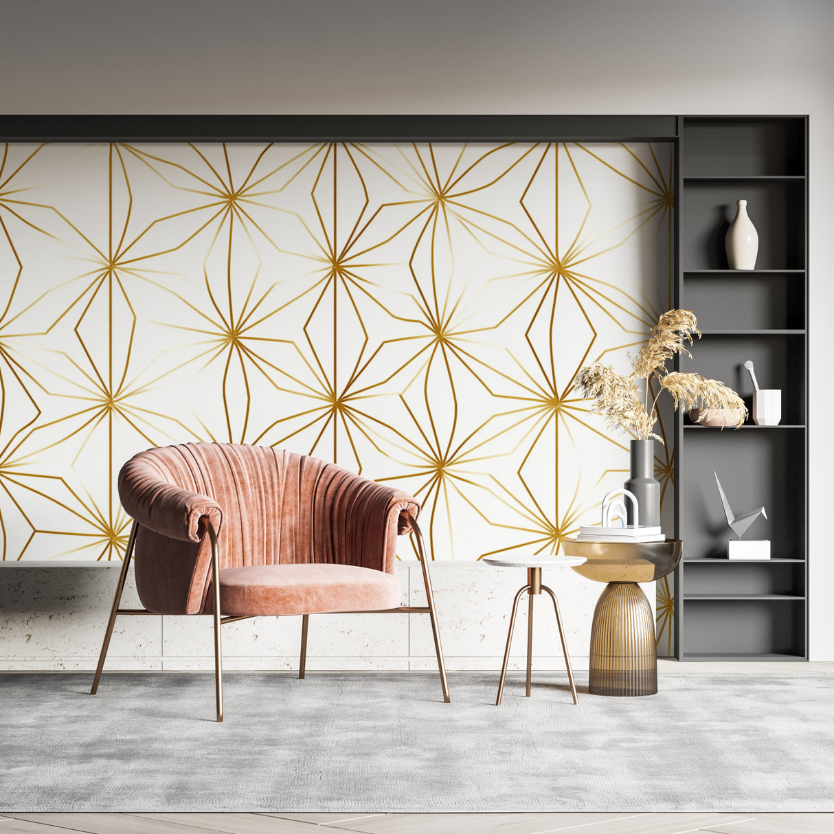 Geometric star wallpaper adding subtle luxury to master bedroom wall