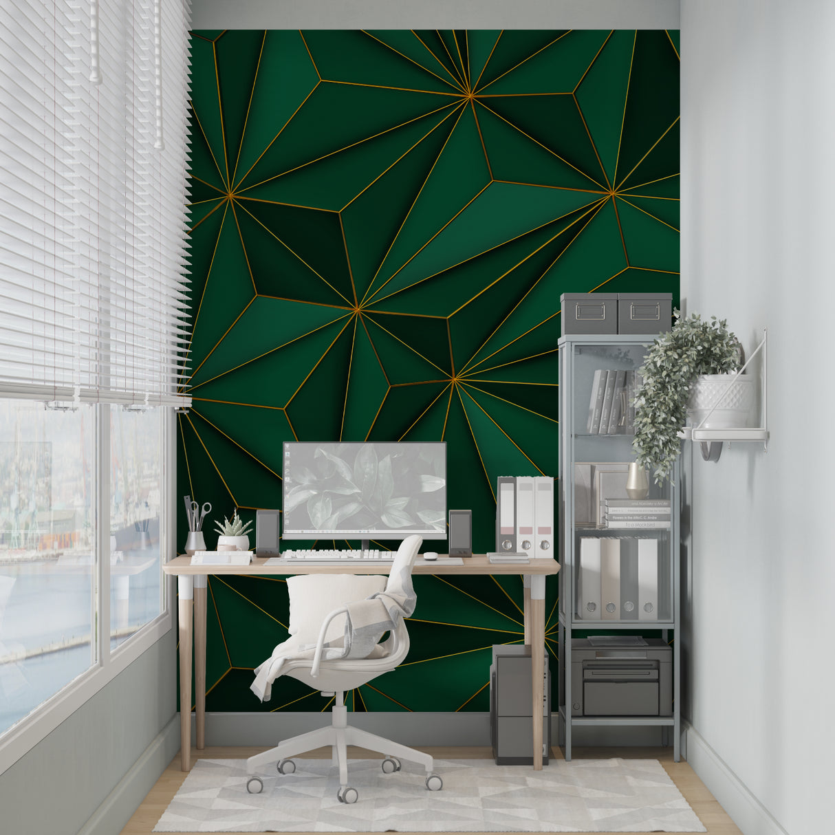 Modern geometric green and gold wallpaper in a bright living room with minimalist furniture