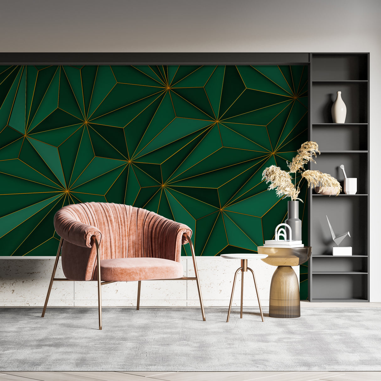 Geometric wall mural with green and gold patterns in a contemporary home office setting