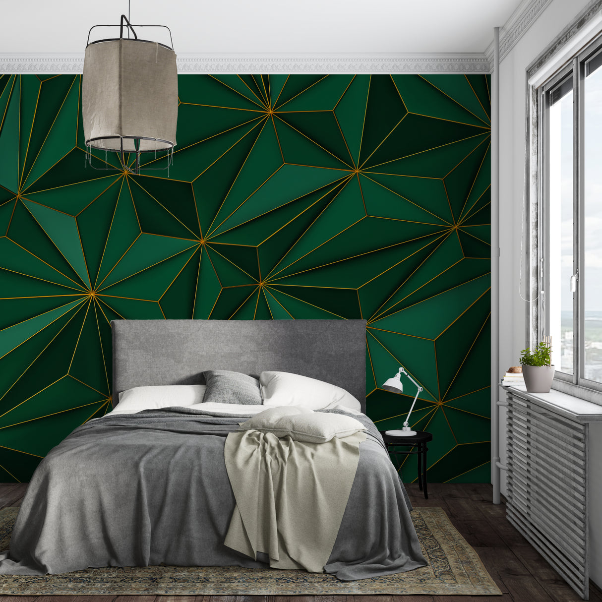 Green and gold geometric wallpaper creating depth in a modern dining room