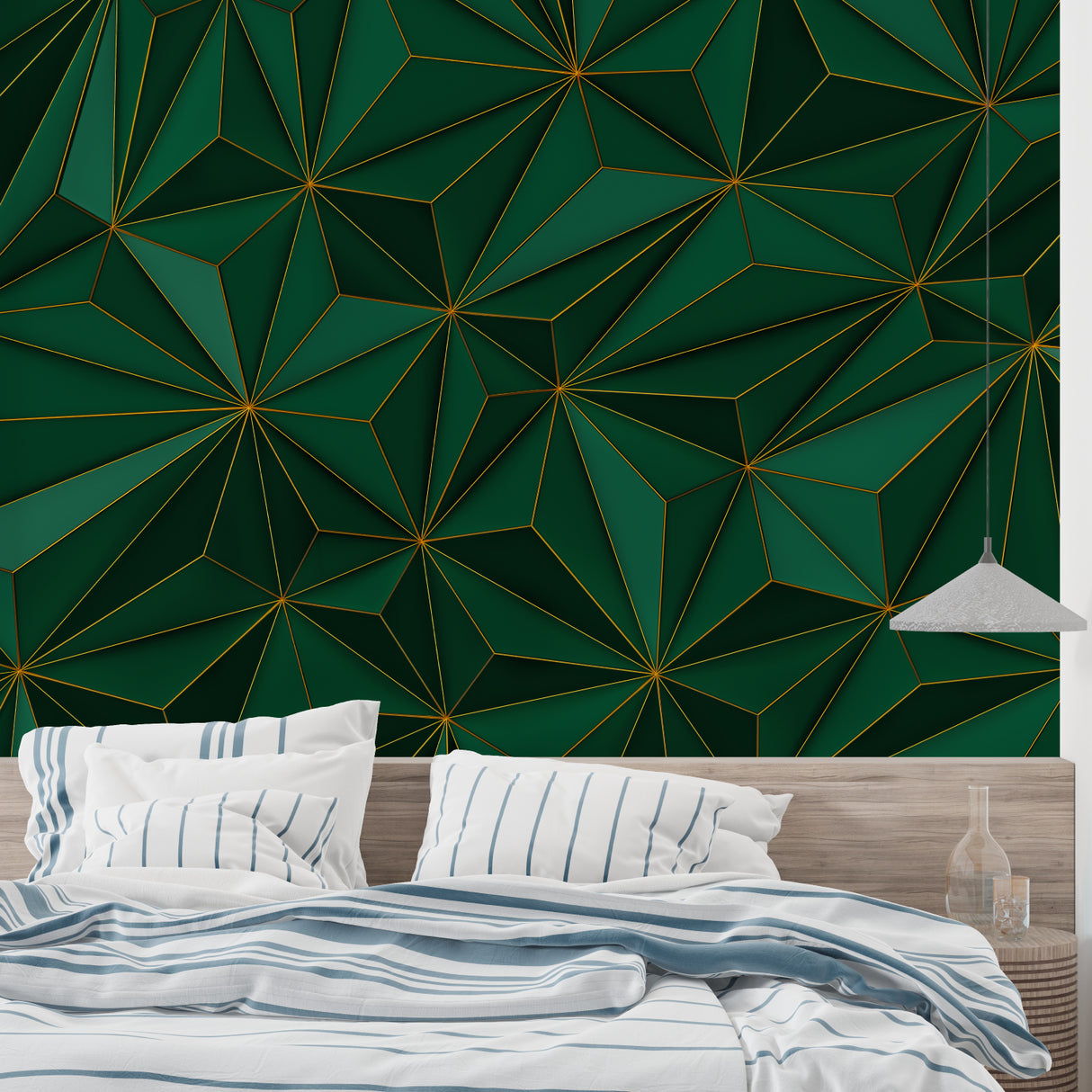 Geometric pattern wallpaper with emerald green and metallic gold in an elegant hallway