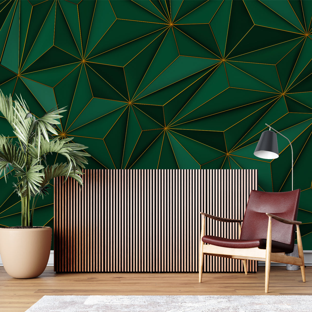 Modern green and gold geometric mural making a statement in a master bedroom
