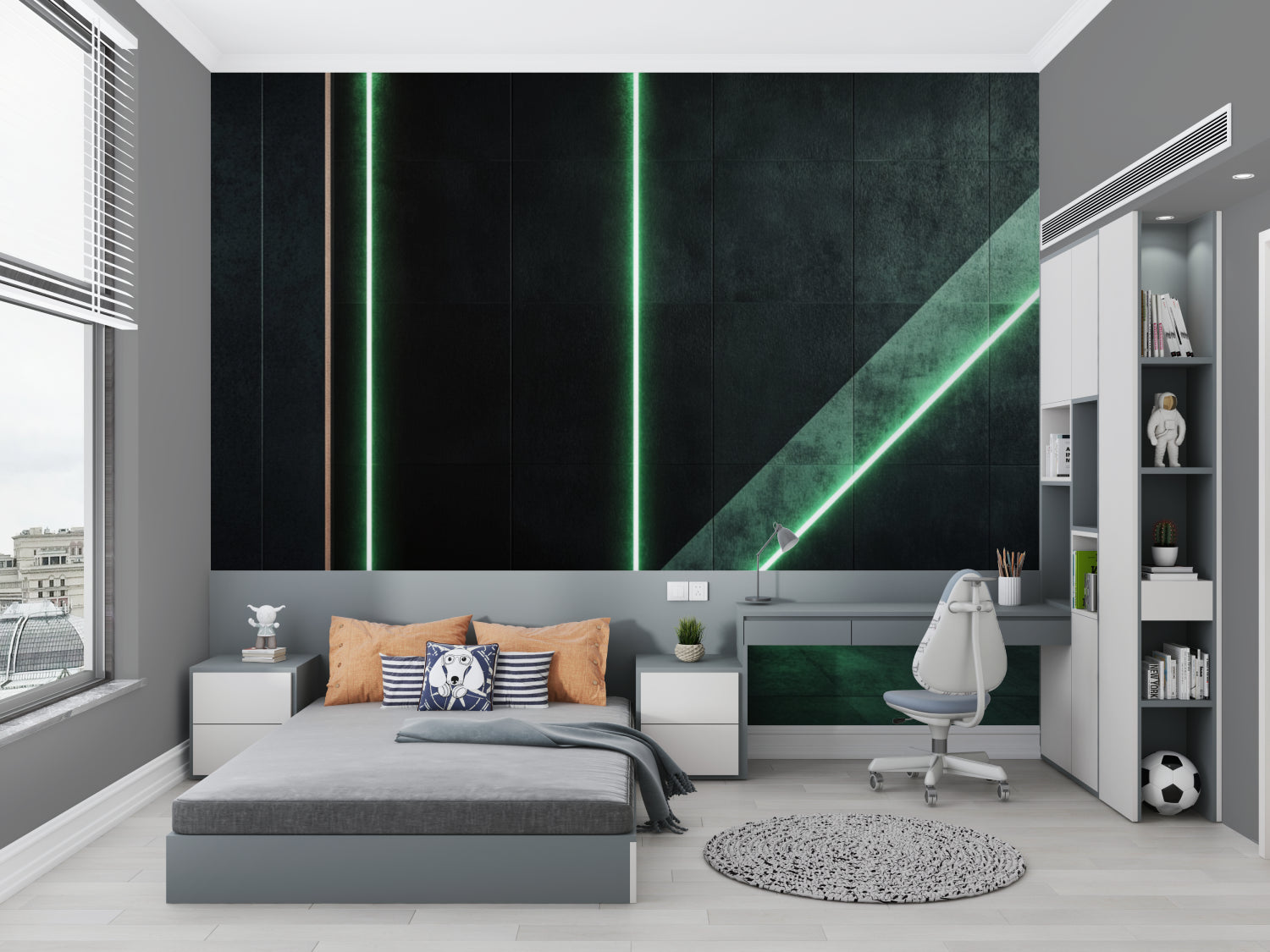 Green geometric wallpaper in gaming room with dramatic lighting effects