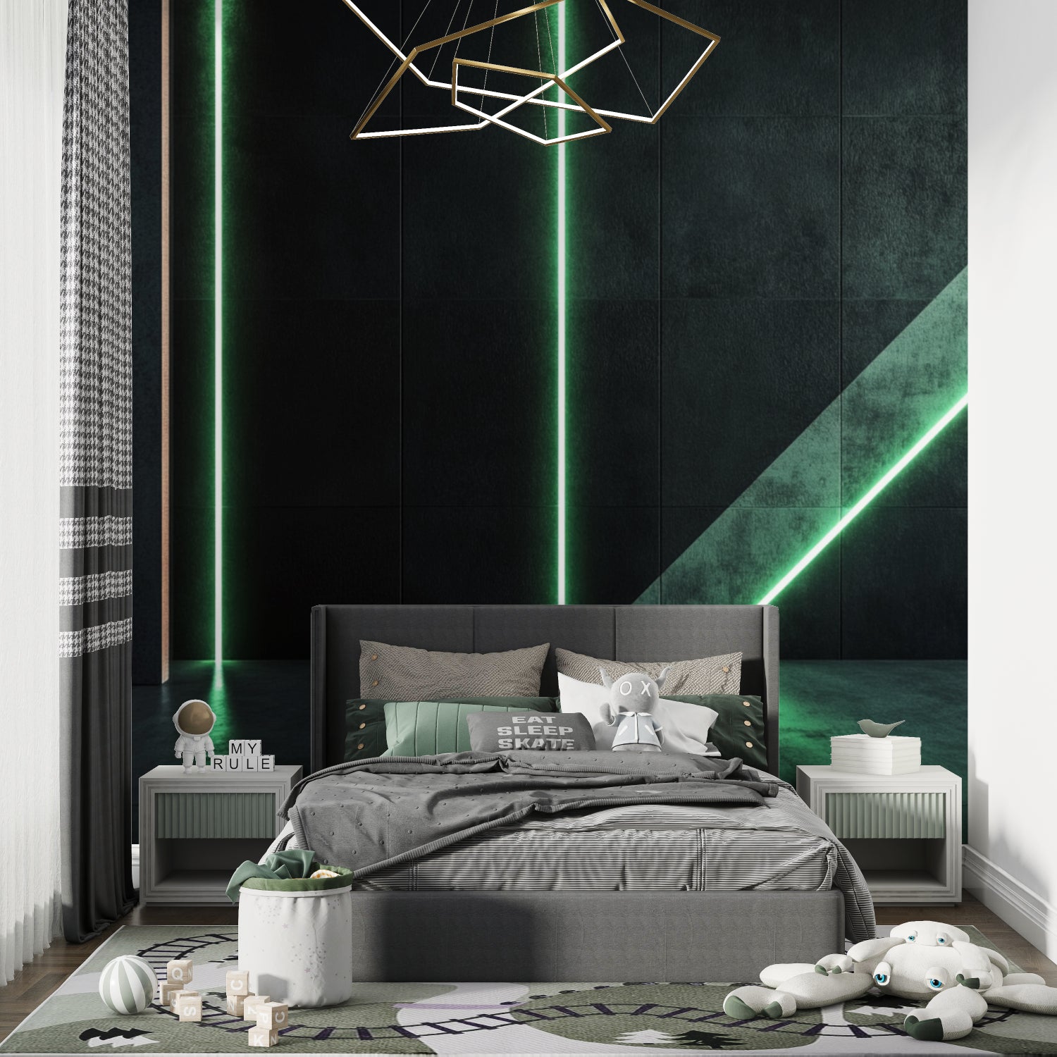 Contemporary bedroom with geometric light wallpaper in emerald green