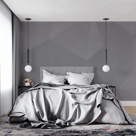 Modern grey geometric wallpaper in minimalist living room showing clean lines and contemporary design