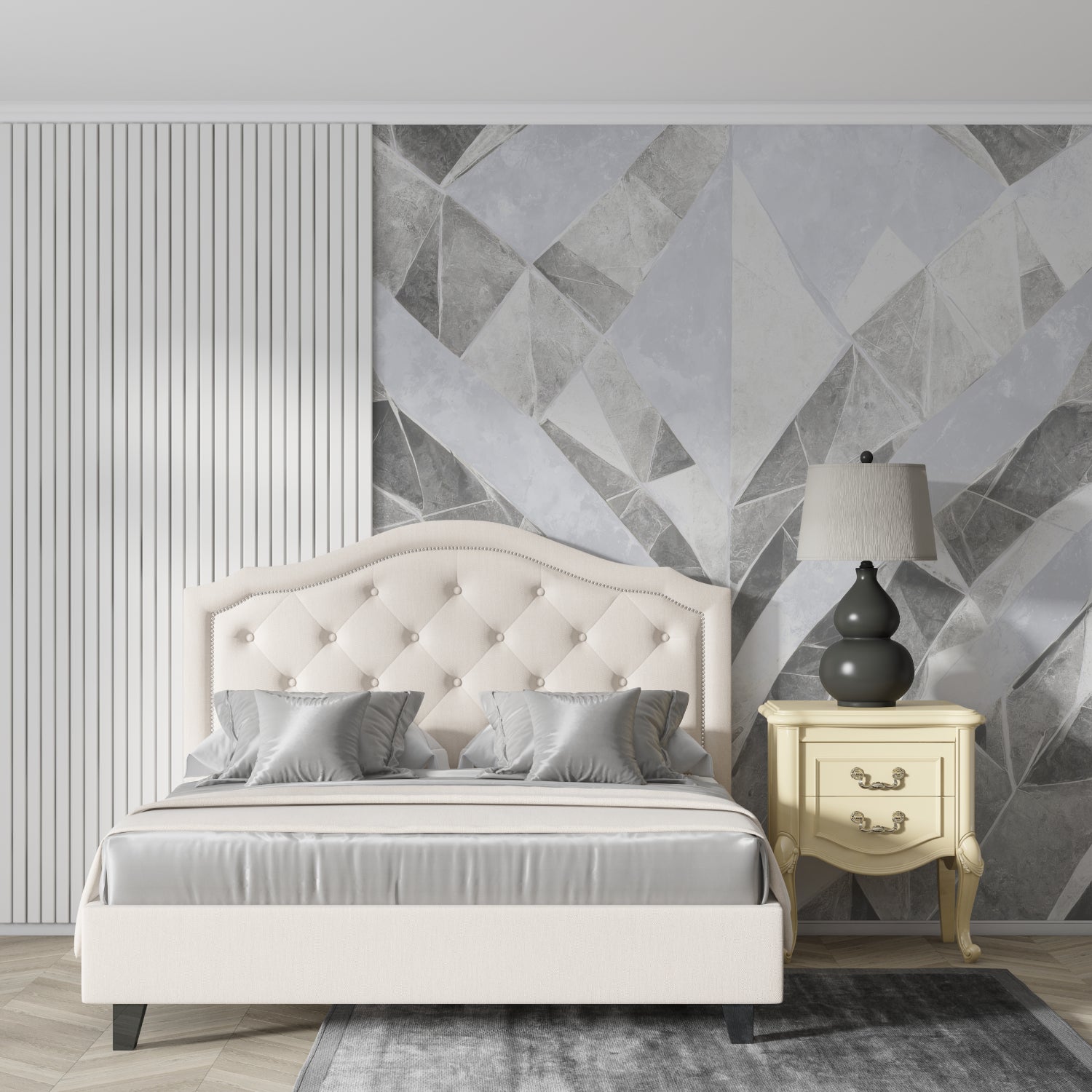 Modern geometric pattern wallpaper making statement in dining room
