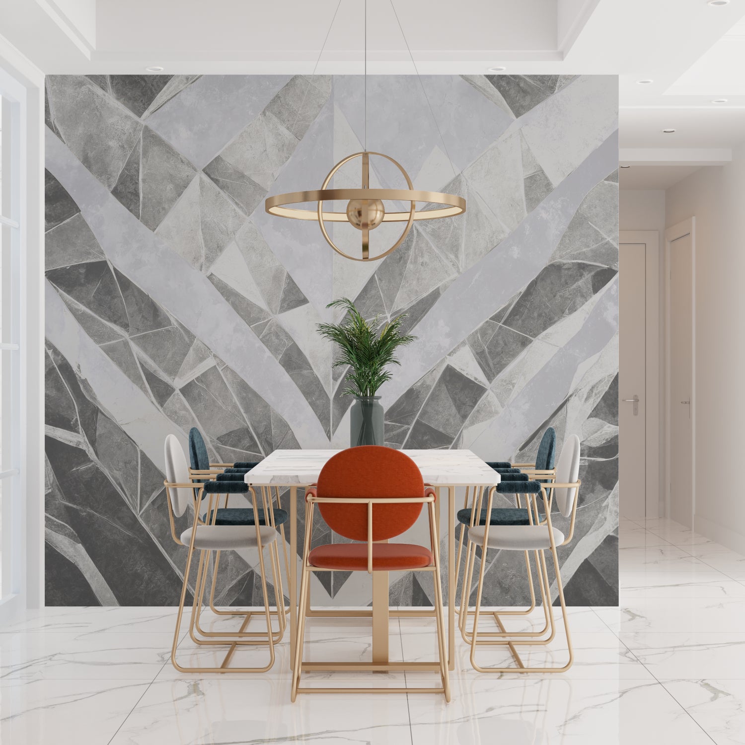 Grey and white geometric wall mural in stylish bedroom setting