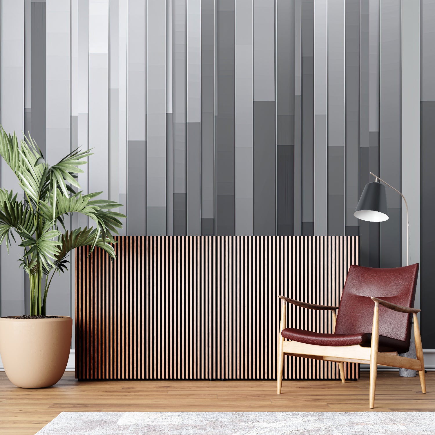 Vertical stripe wallpaper making a bedroom look taller with soft grey gradients