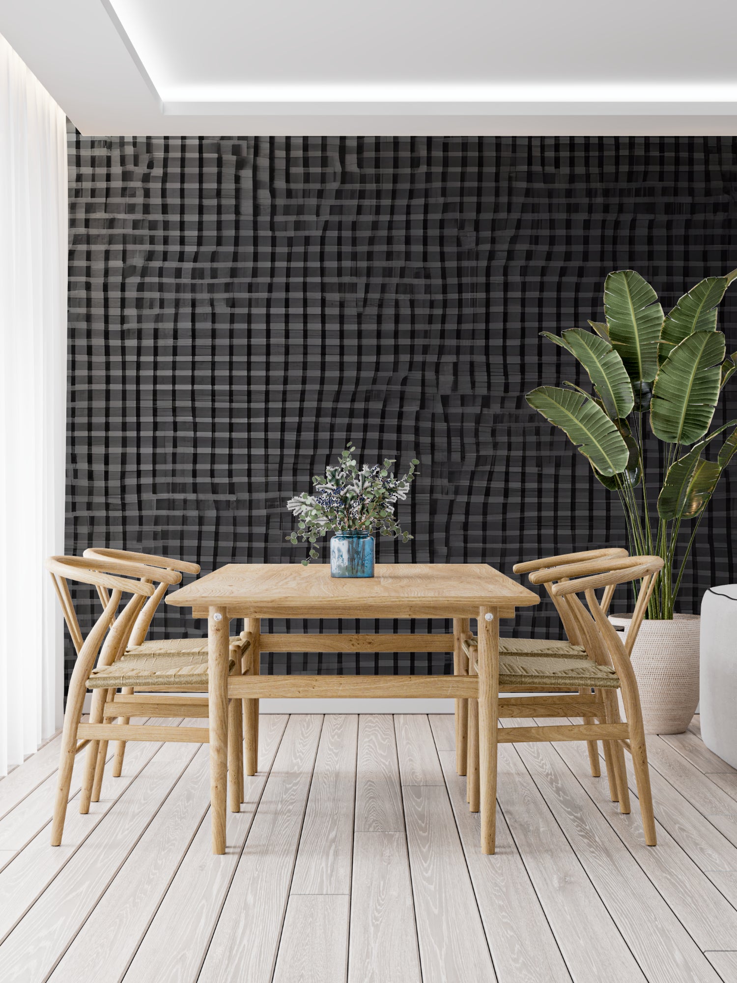 Modern grey wallpaper pattern making dining room look bigger
