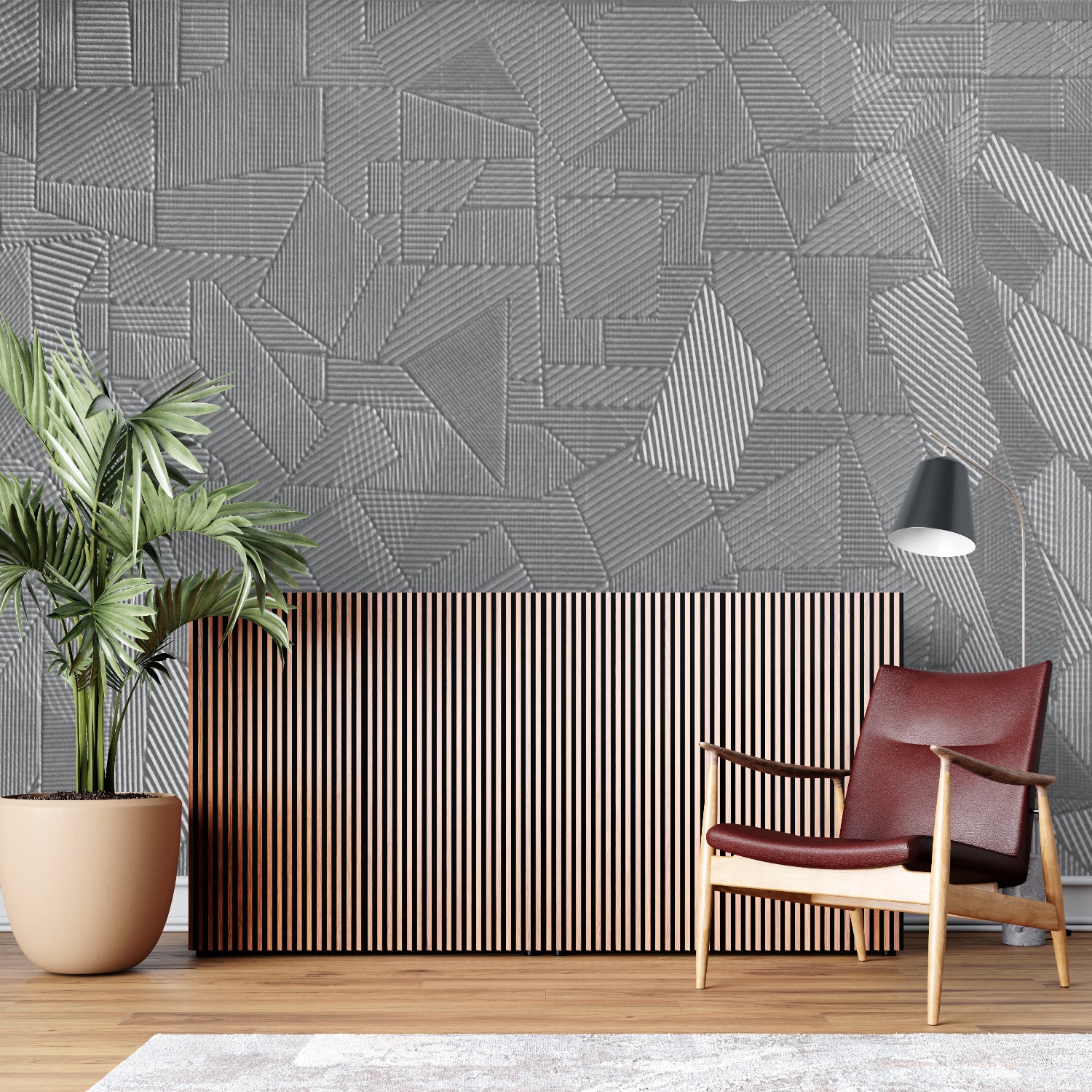 Modern dining room with geometric grey wallpaper creating depth and dimension