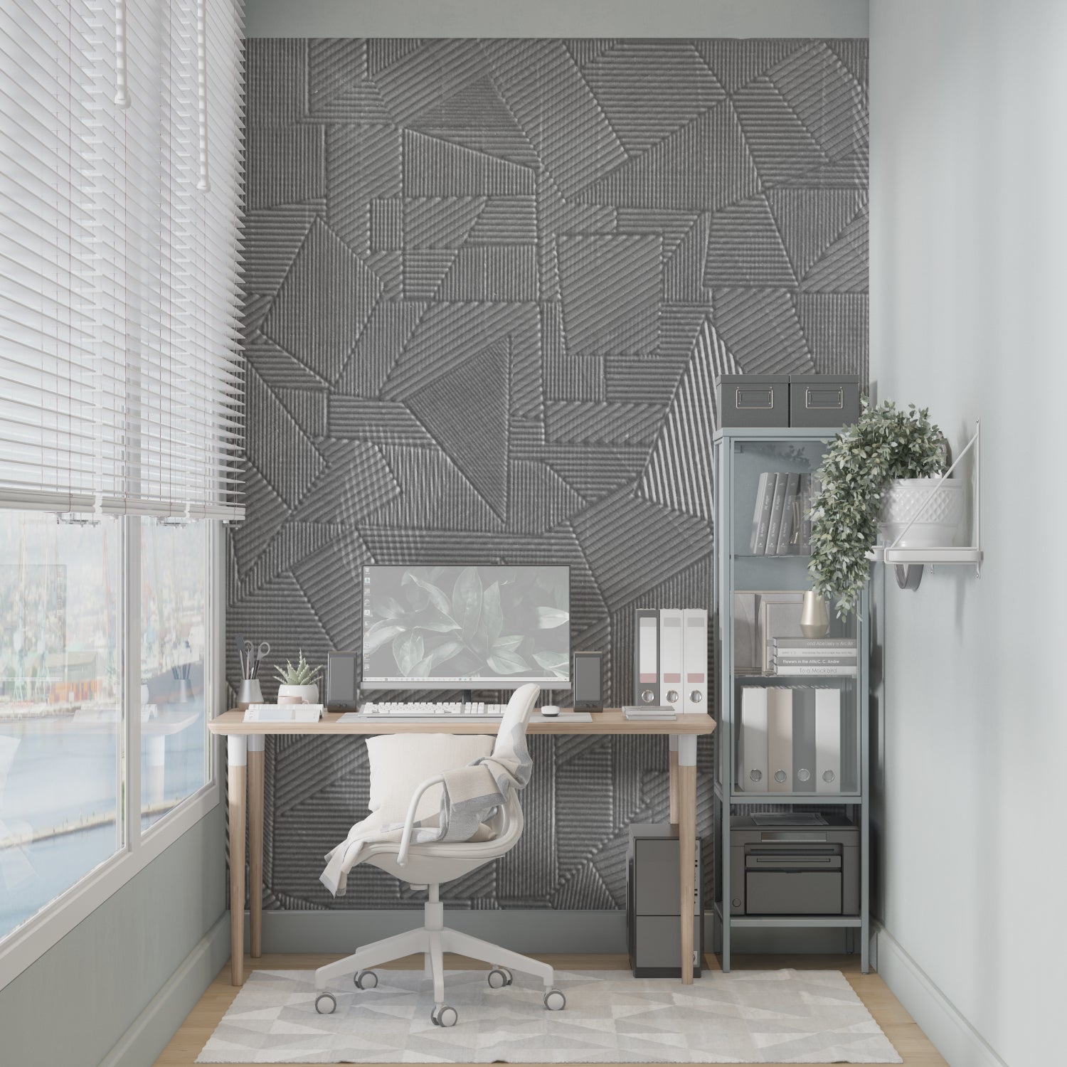 Bedroom with modern grey geometric wallpaper showing linear pattern detail