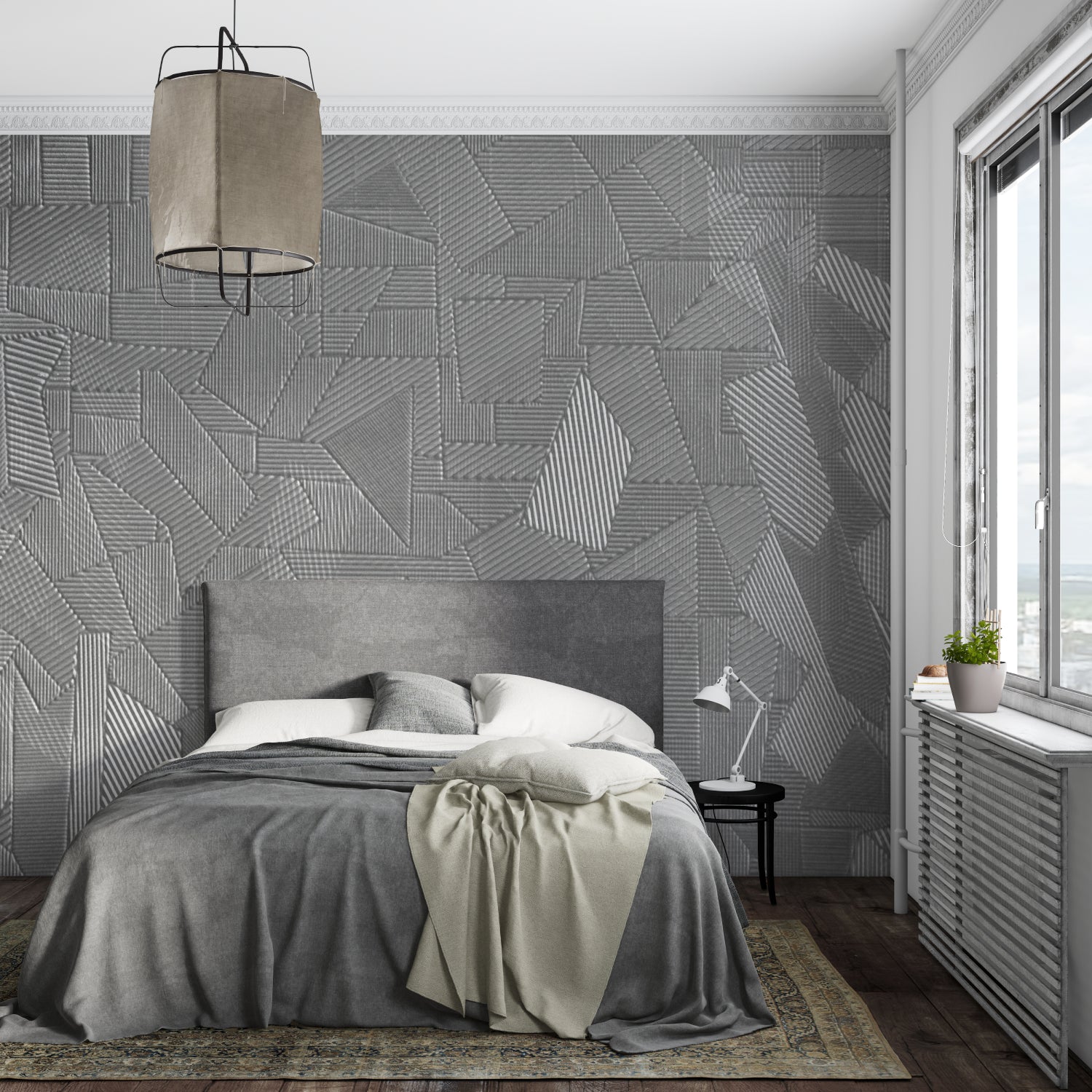Minimalist hallway showcasing grey geometric wallpaper with clean lines
