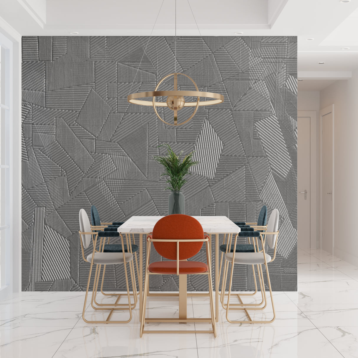 Modern grey geometric wallpaper in a minimalist living room with natural light