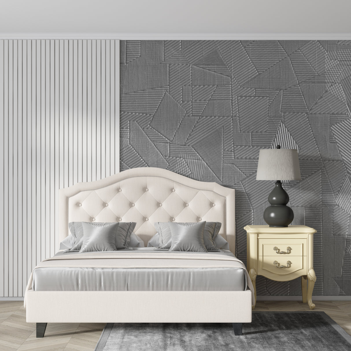 Grey linear pattern wallpaper creating depth in a modern home office