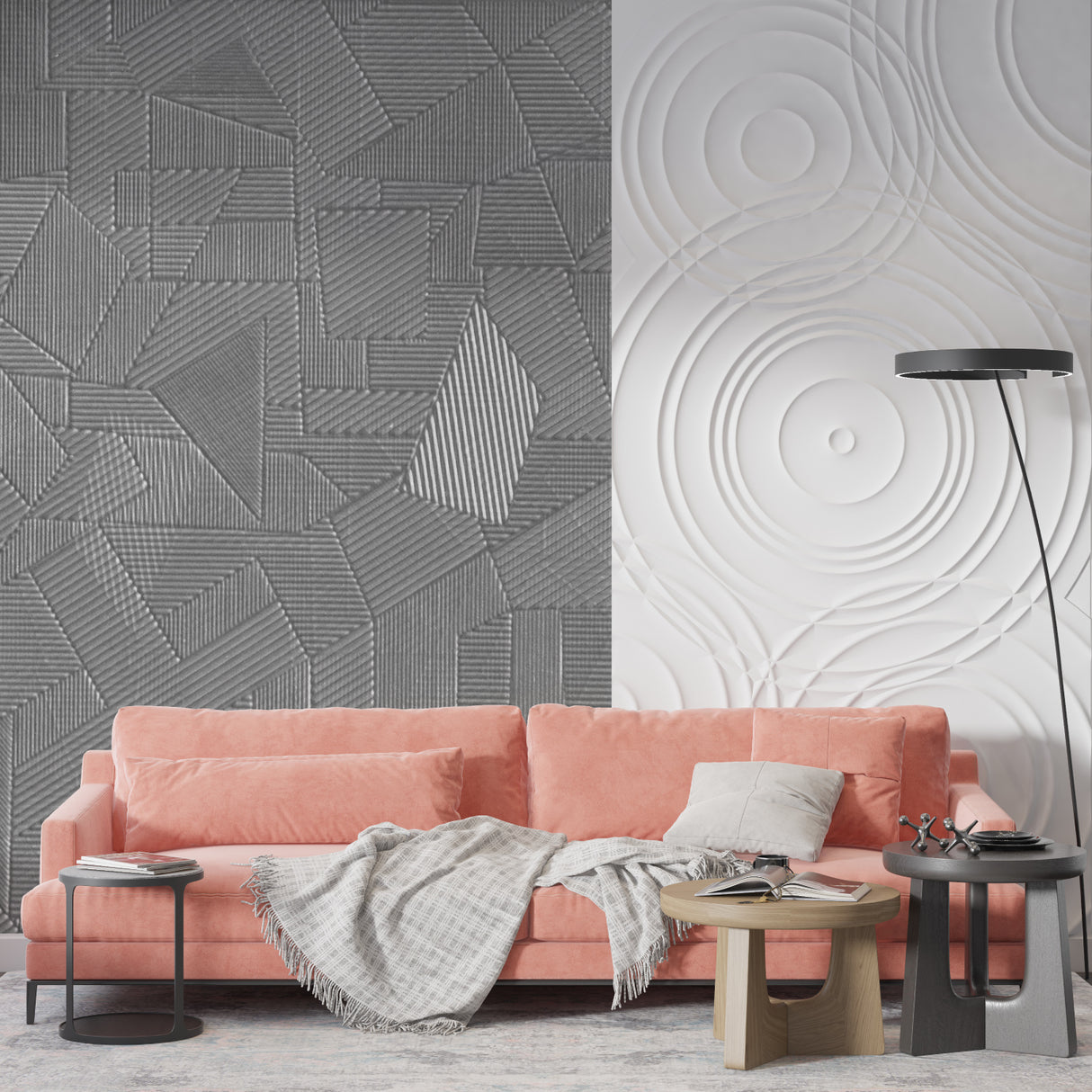 Geometric wallpaper adding structure to a contemporary dining room