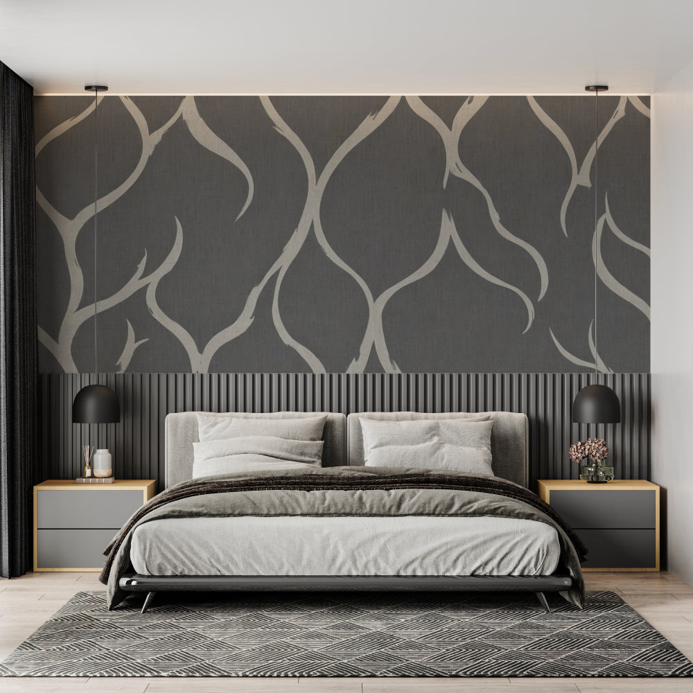 Modern grey wave pattern wallpaper in a minimalist living room setting with natural light