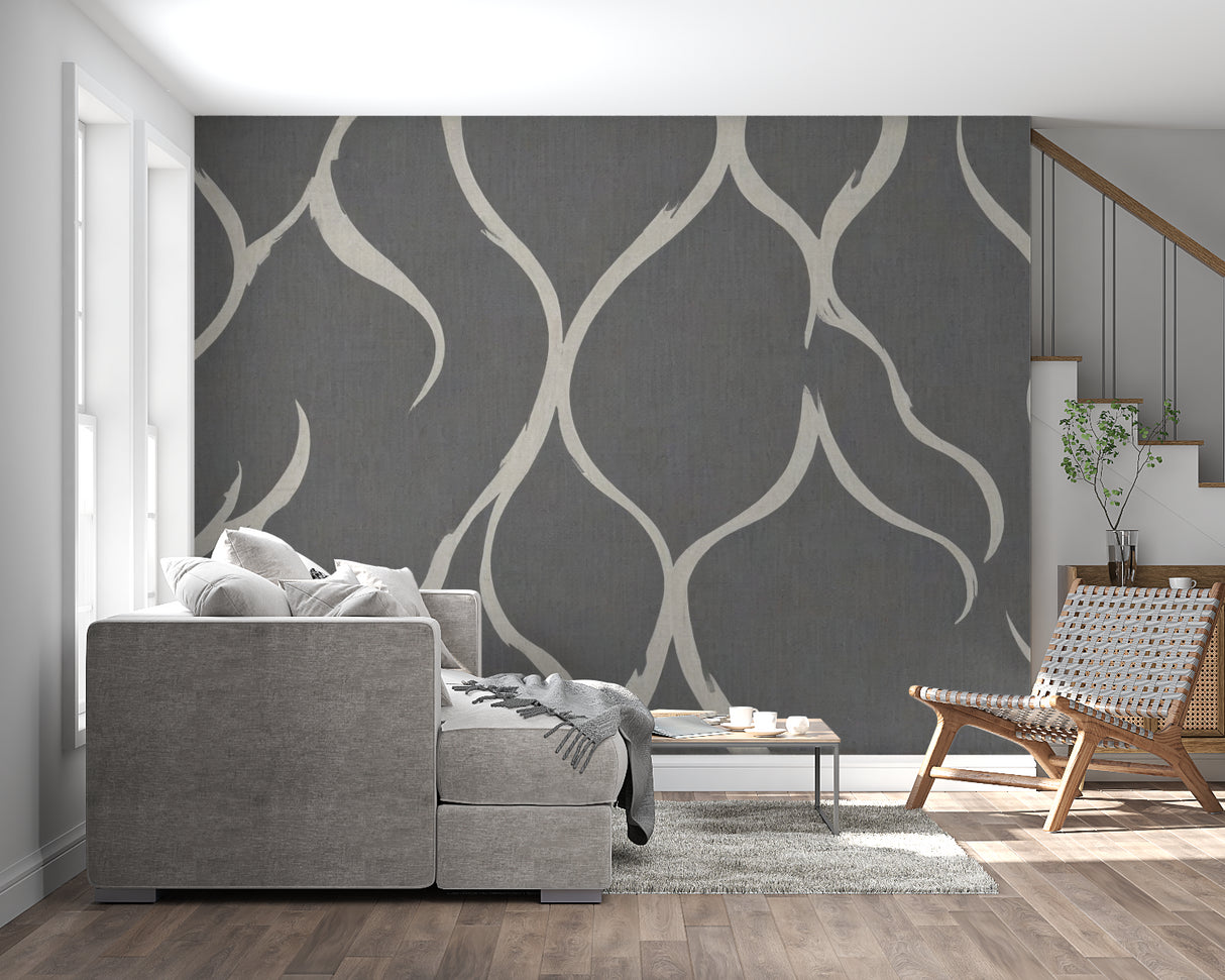 Geometric wave wallpaper creating flow in a modern home office space